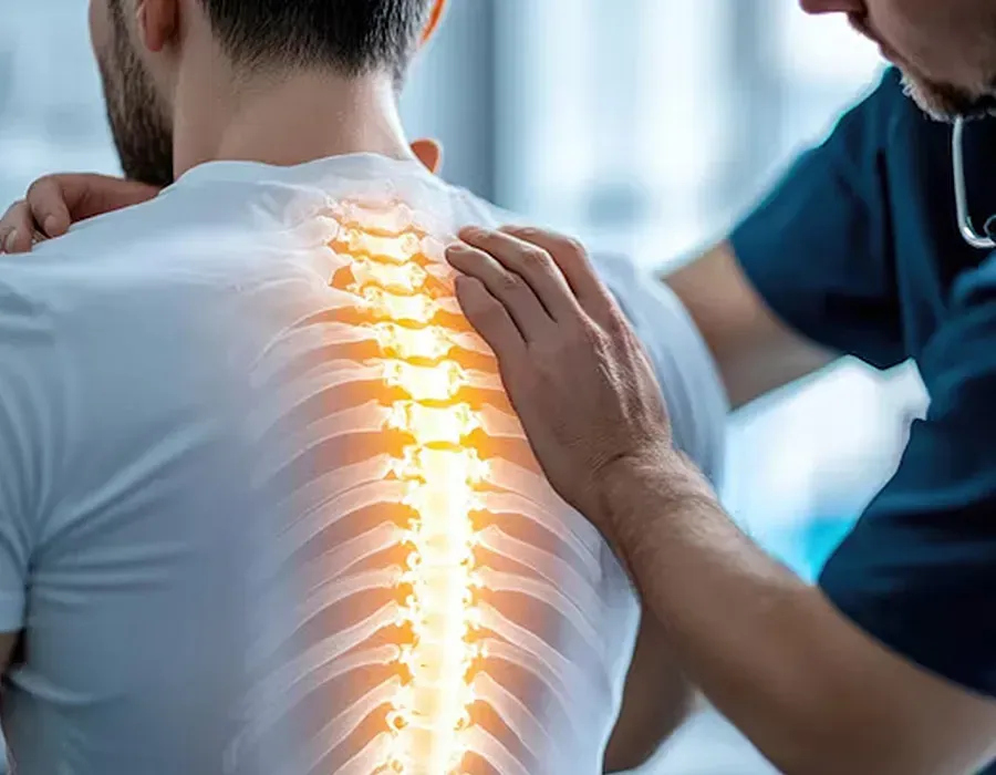 Therapist palpating a patient's glowing spine during a back examination