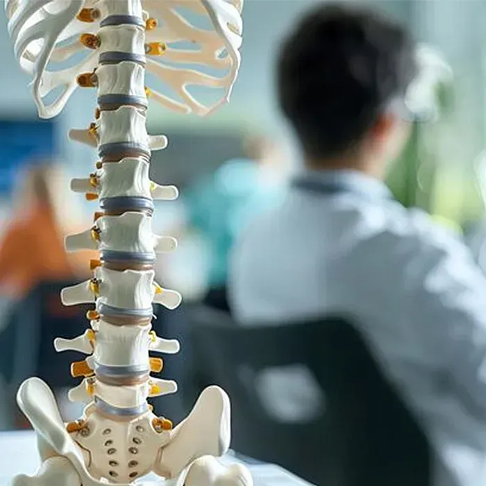 Human spine model in a clinic or classroom, with a blurred person sitting in the background
