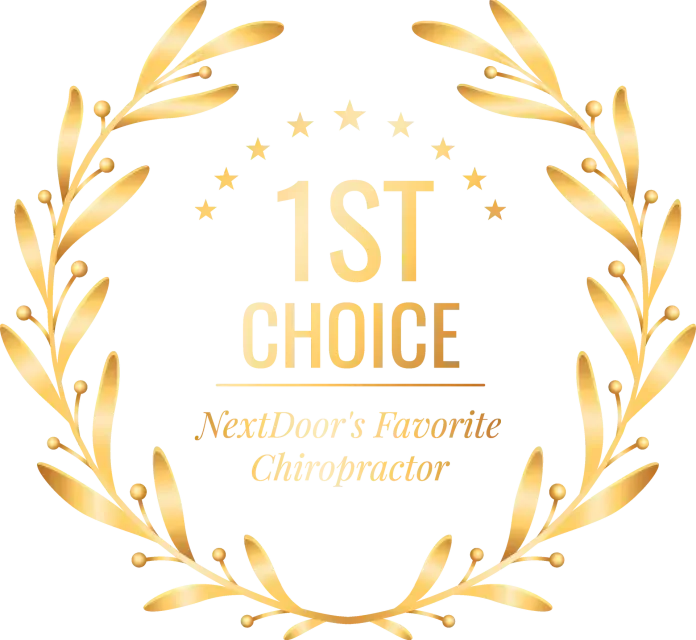 Gold laurel wreath badge with stars and text: “1st Choice New Patients Favorite Chiropractor.”