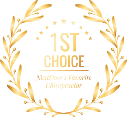 Gold laurel wreath badge with stars and text: “1st Choice New Patients Favorite Chiropractor.”
