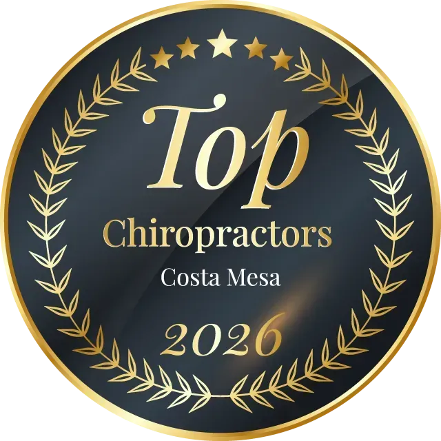 Gold-and-black badge reading “Top Chiropractors, Costa Mesa, 2020” with laurel wreath border