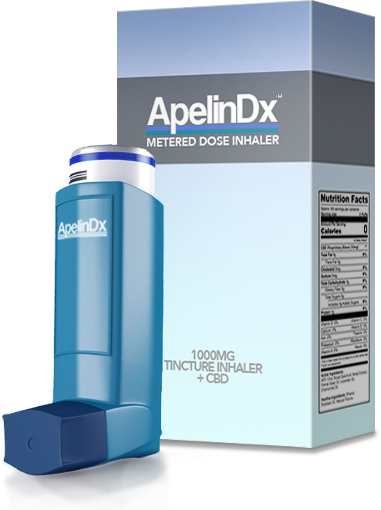 A blue metered dose inhaler next to a box.