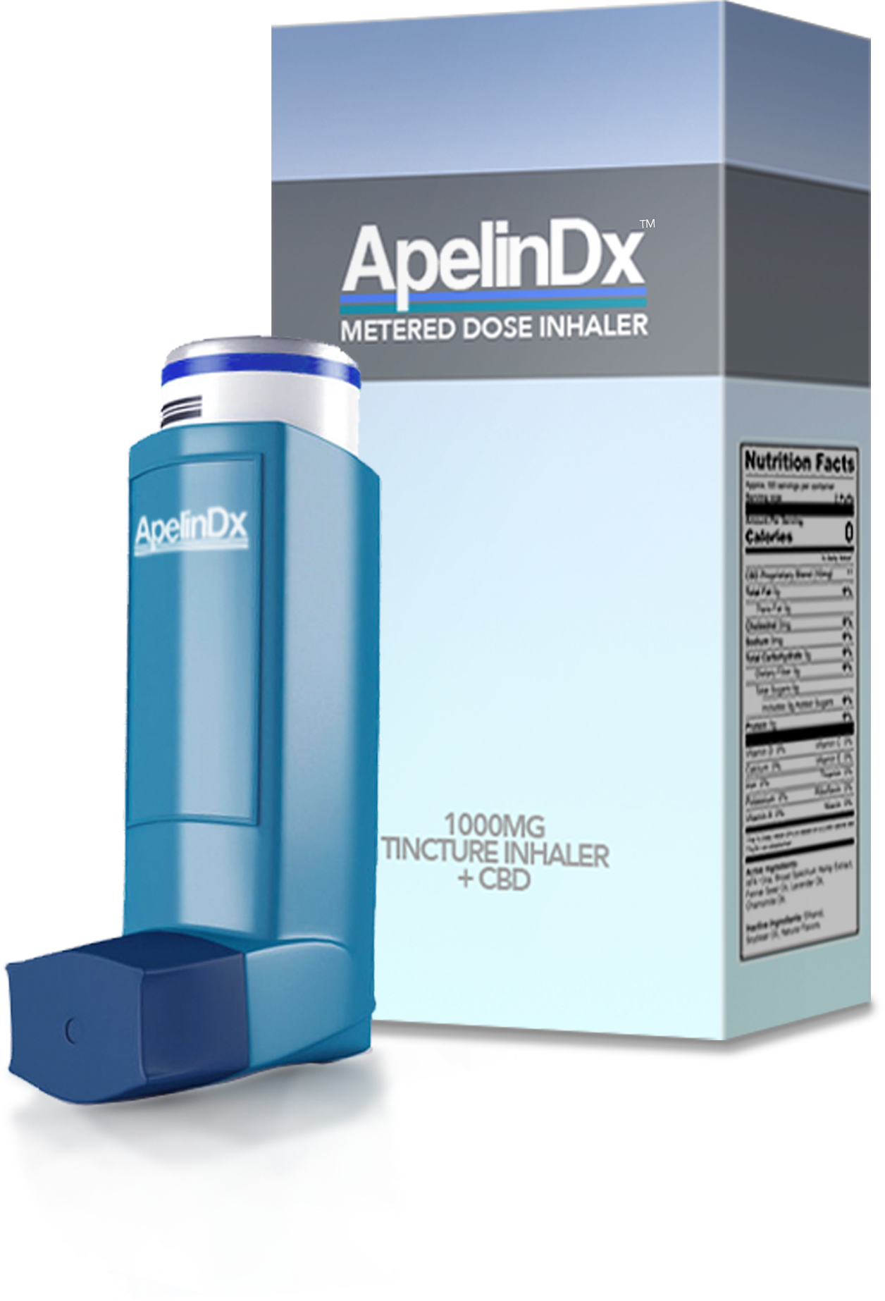 A blue inhaler is sitting next to a box.