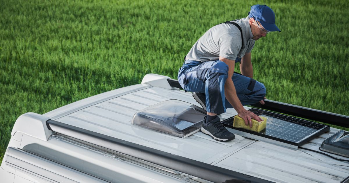 A man is cleaning a solar panel on the roof of a van.