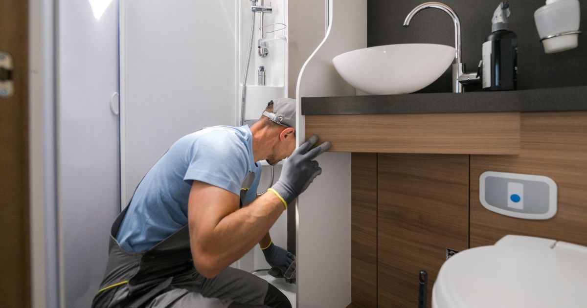 A large rv is parked in a grassy area next to a picnic table.
