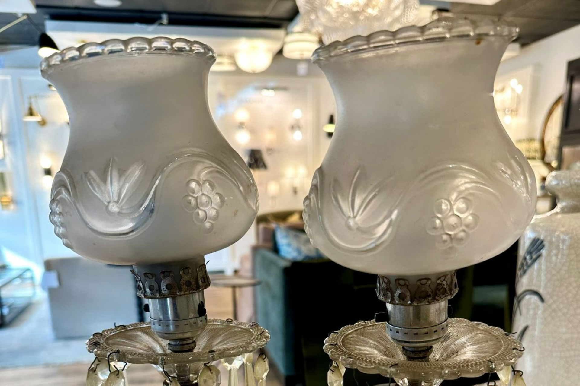 Two antique glass table lamps with frosted shades and crystal drops.