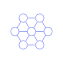 A purple icon of a network of circles on a white background.