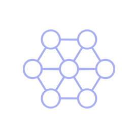 A purple icon of a network of circles on a white background.