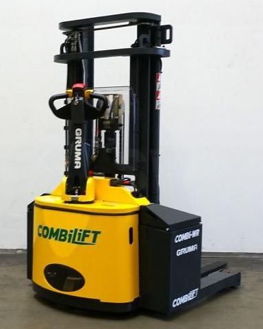A yellow forklift with the word combilift on it