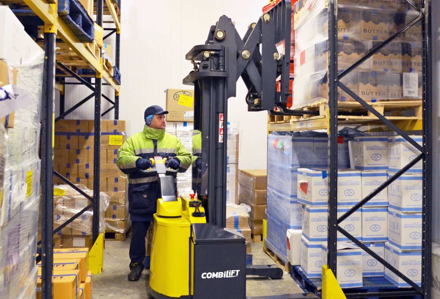 Combilift forklift being operated by man in high-vis coat