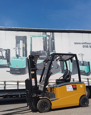 A yellow forklift is parked in front of a large advertisement for forklifts