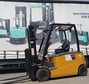 A yellow forklift is parked in front of a large advertisement for forklifts