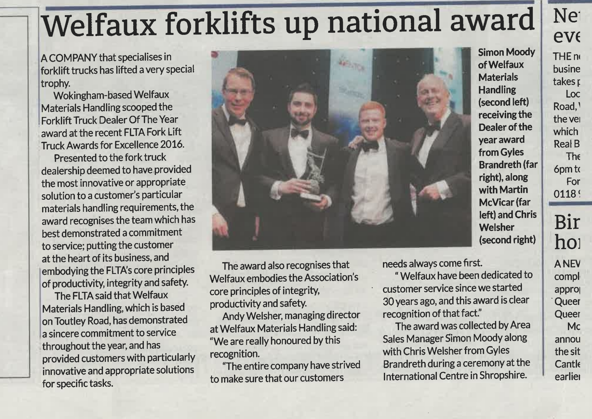 2016 article: Welfaux win the Forklift Truck Dealer Of The Year Award 