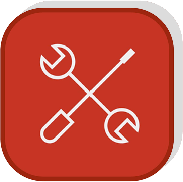 A wrench and screwdriver are crossed in a red square.