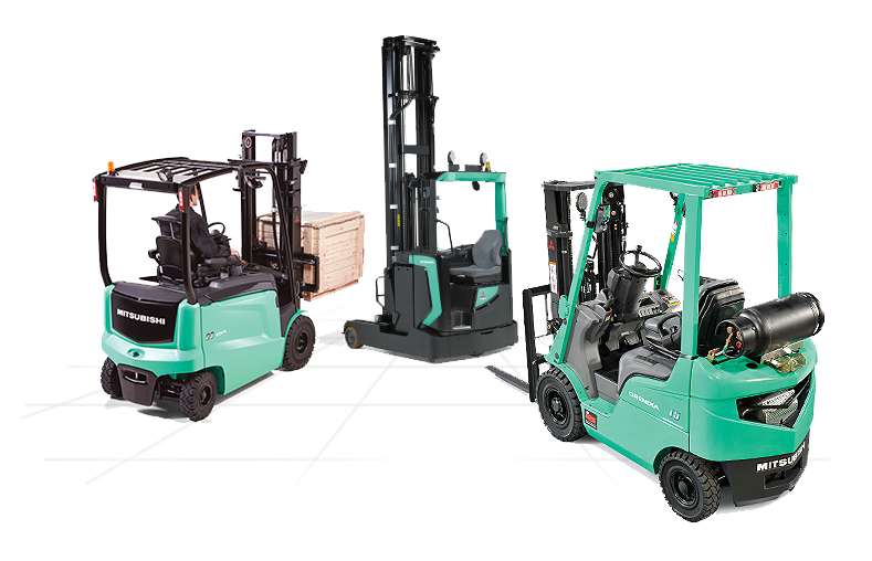 Three forklifts are sitting next to each other on a white background.