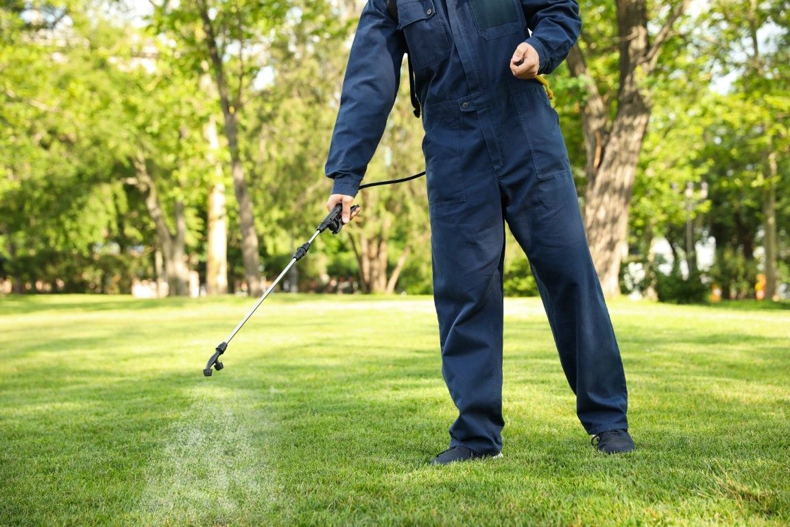 Person using a string trimmer on a green lawn in a park