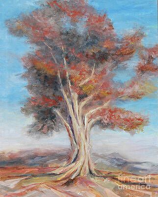 It is a painting of a tree with red leaves.