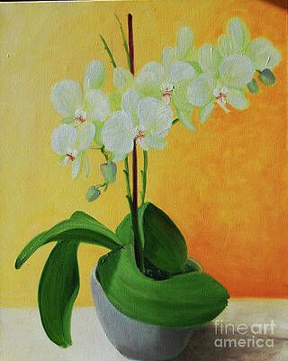 A painting of a white orchid in a green pot on a table.