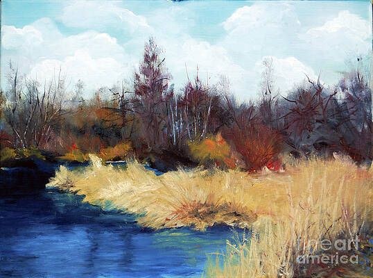A painting of a river surrounded by tall grass and trees.