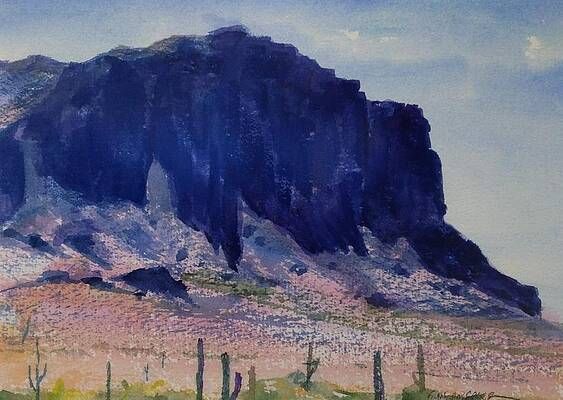 A painting of a mountain in the desert with cactus in the foreground.