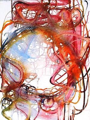 A close up of a painting of a person 's face on a white background.