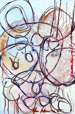 A close up of a painting with circles and lines on a white background.