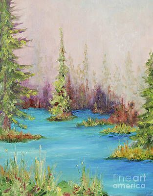 It is a painting of a lake with trees in the background.