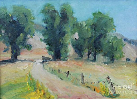 A painting of a dirt road surrounded by trees and a fence.