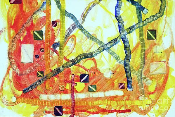 A close up of a colorful painting on a white surface.