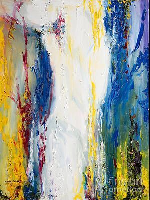 It is a painting of a waterfall with a lot of colors.