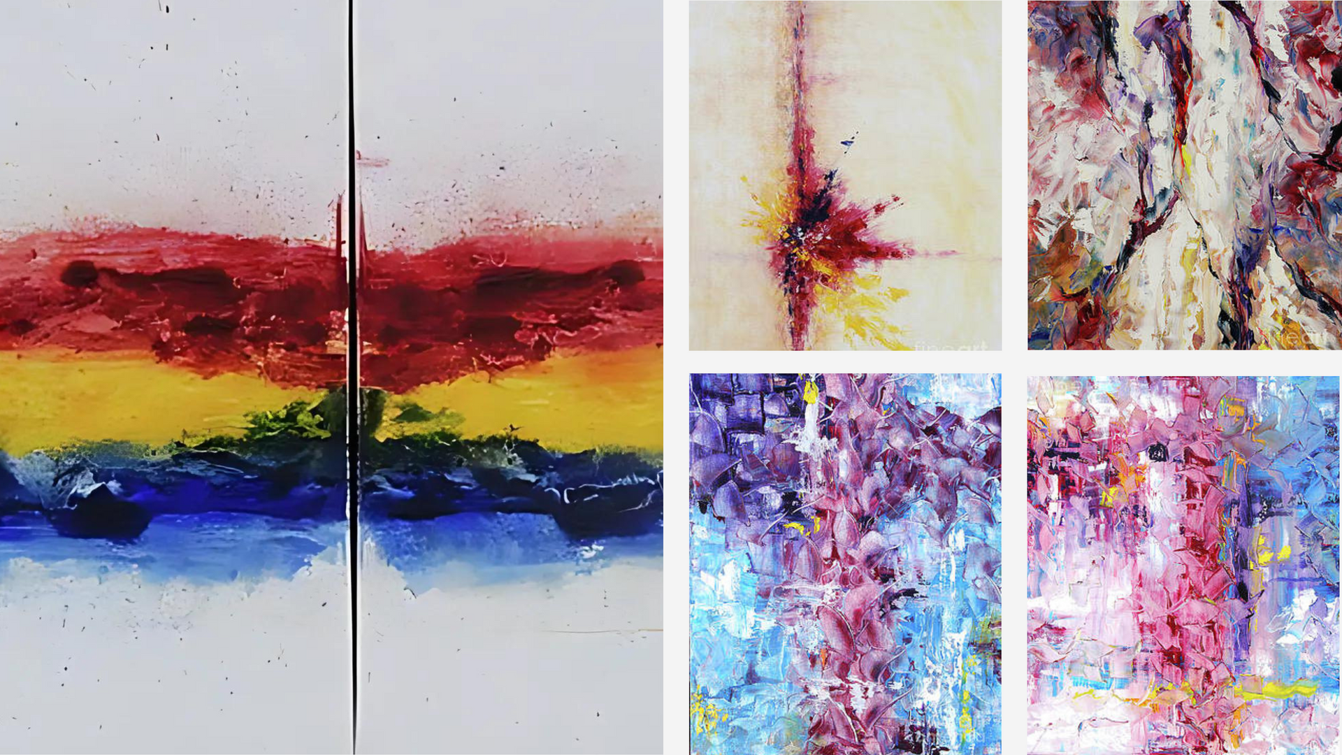 A collage of four colorful paintings on a white background.