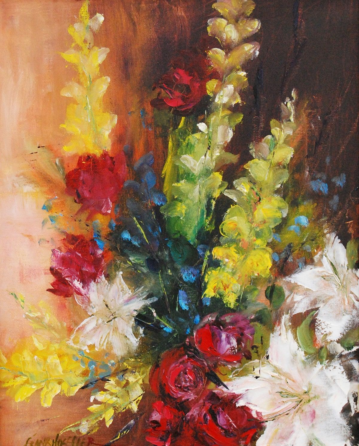 A painting of a bouquet of flowers including roses and lilies