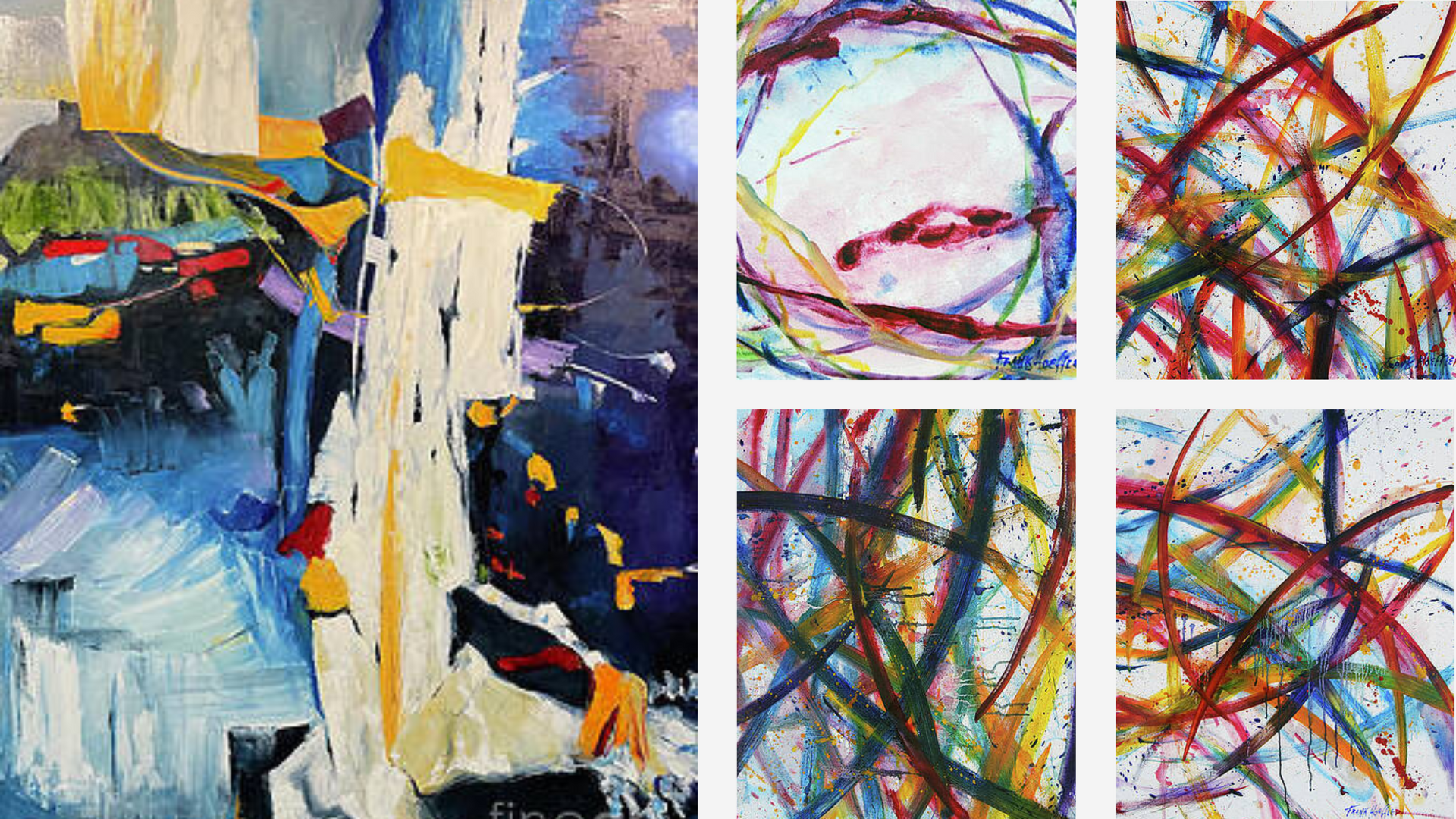 A collage of four colorful paintings on a white background.
