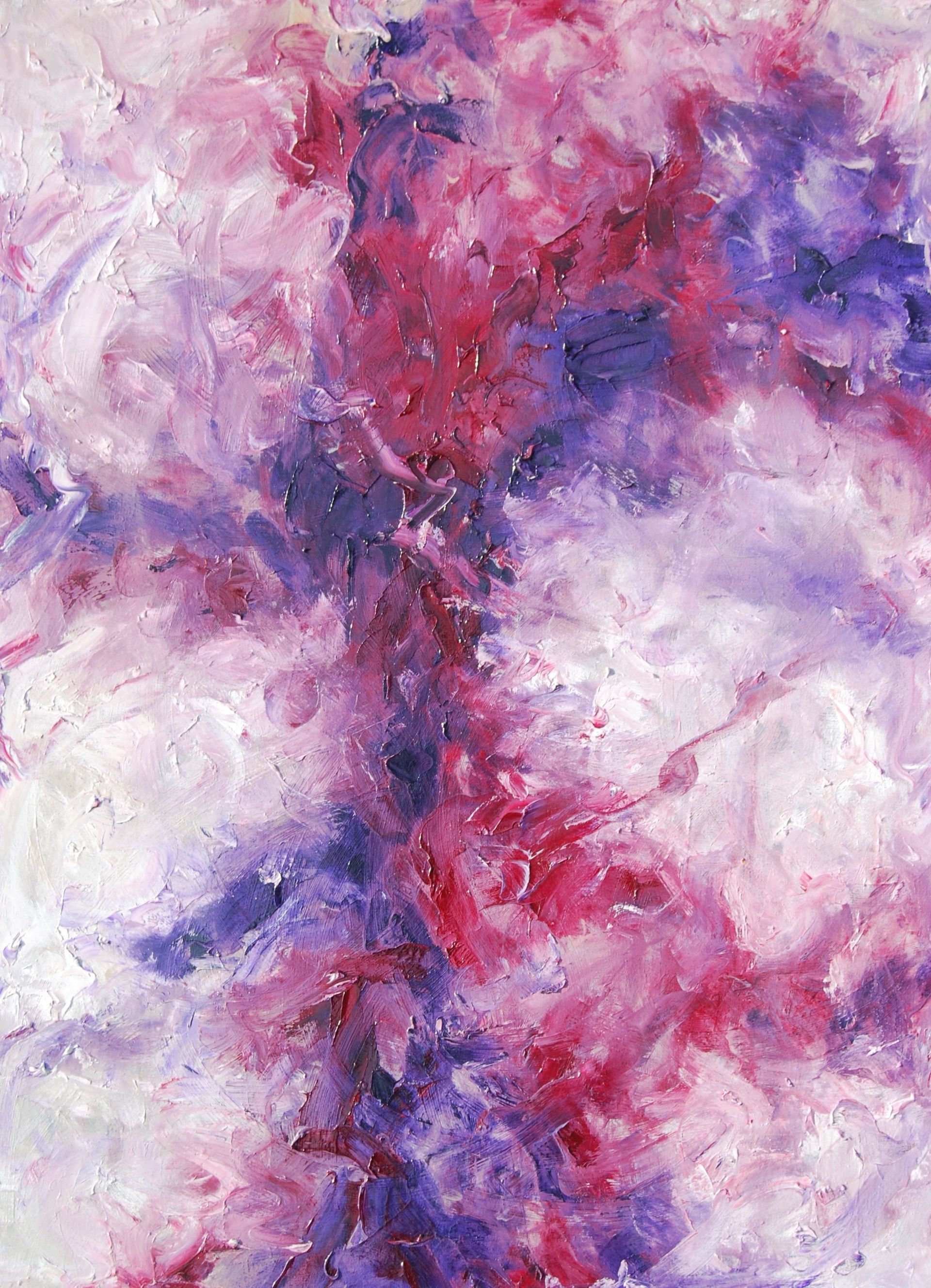 A close up of a pink and purple painting on a white background.