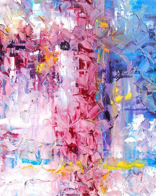 A close up of a painting of pink and blue flowers.