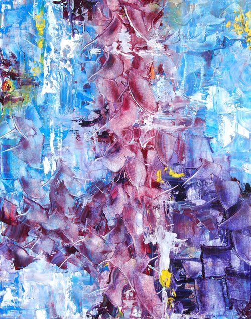 A painting of purple flowers on a blue background