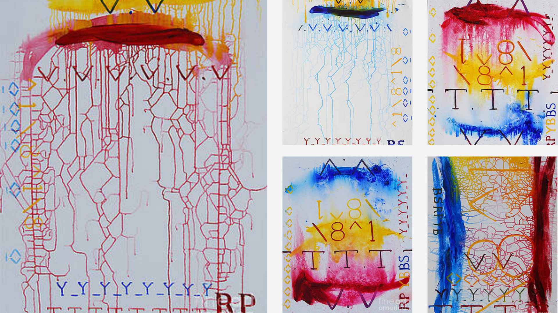 A collage of four paintings with the letters rp on them