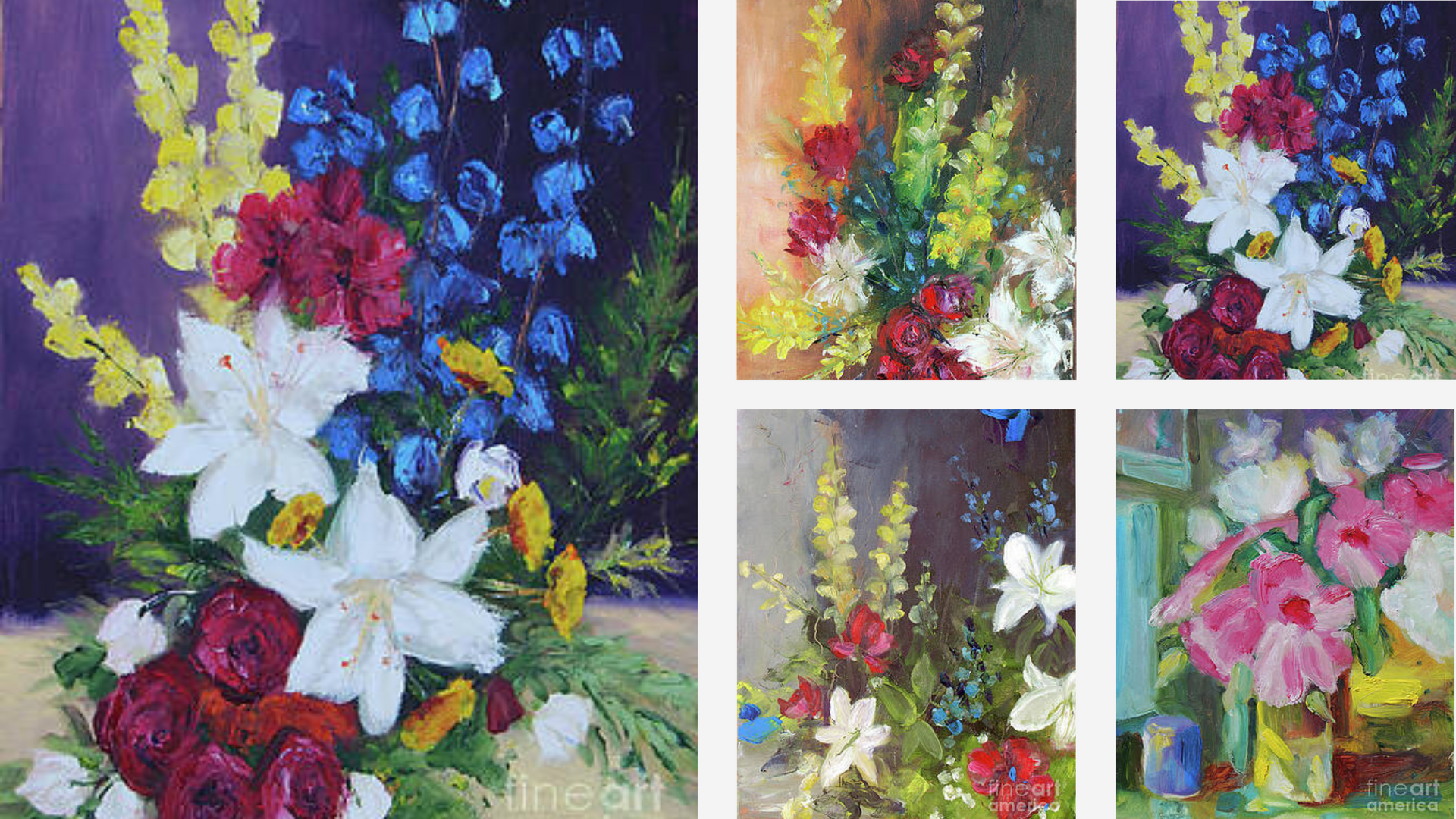 A collage of four paintings of flowers in vases.