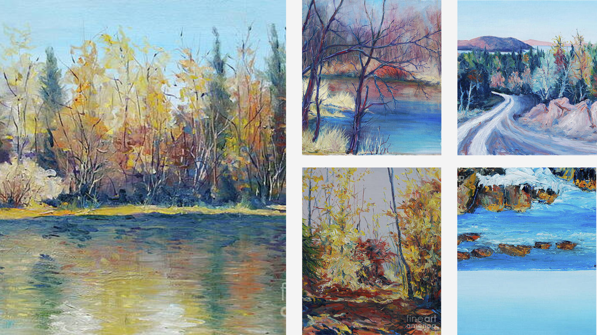 A collage of four paintings of a lake and trees.