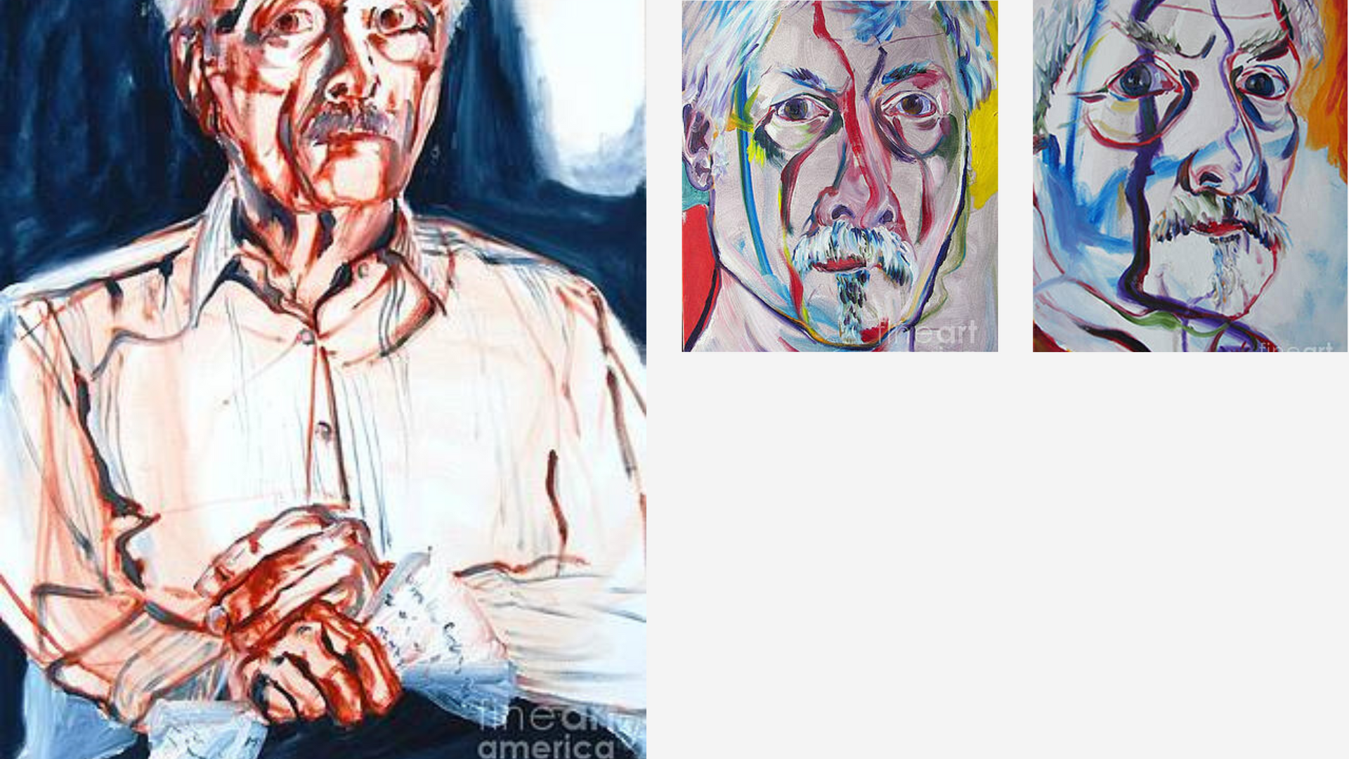 Three paintings of a man with glasses and a mustache.