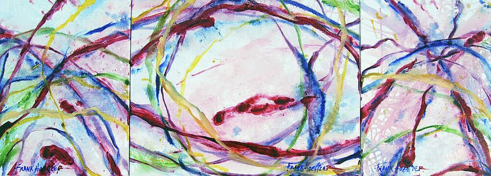 A colorful painting of circles and lines on a white background.