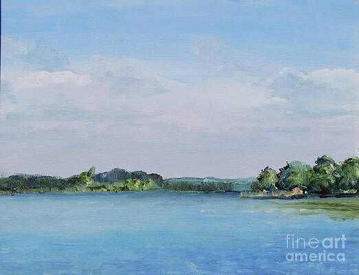 It is a painting of a lake with trees in the background.