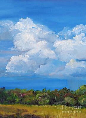 A painting of a field with trees and clouds in the sky.