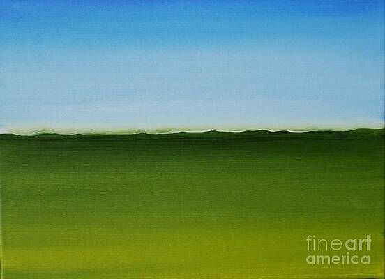 A painting of a green field with a blue sky in the background.