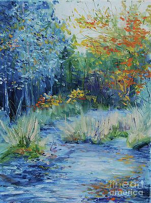 It is a painting of a stream running through a forest.