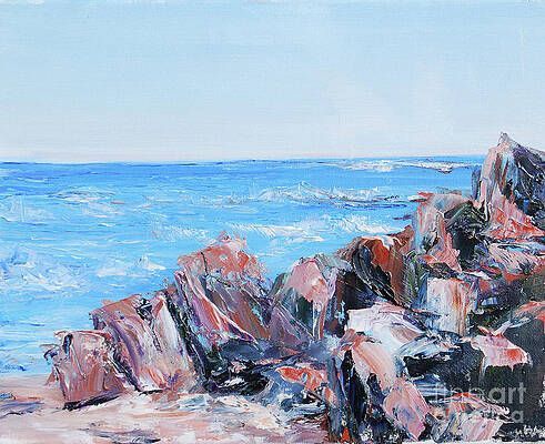 It is a painting of a rocky shoreline with the ocean in the background.