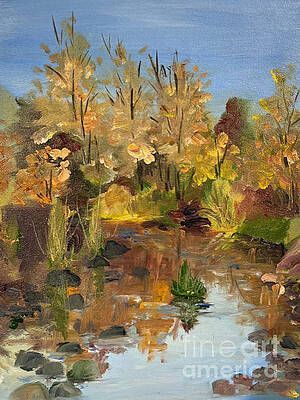 A painting of a river surrounded by trees and rocks.