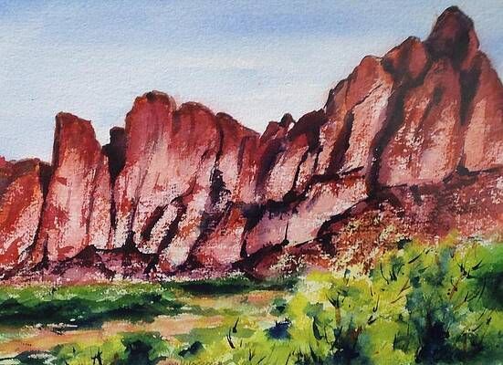 A painting of a mountain with a blue sky in the background