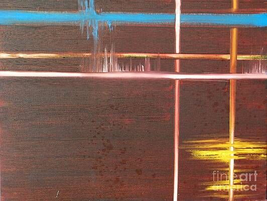 A close up of a painting of a fence with a blue and yellow stripe on it.