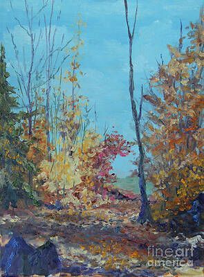 It is a painting of a landscape with trees and rocks.